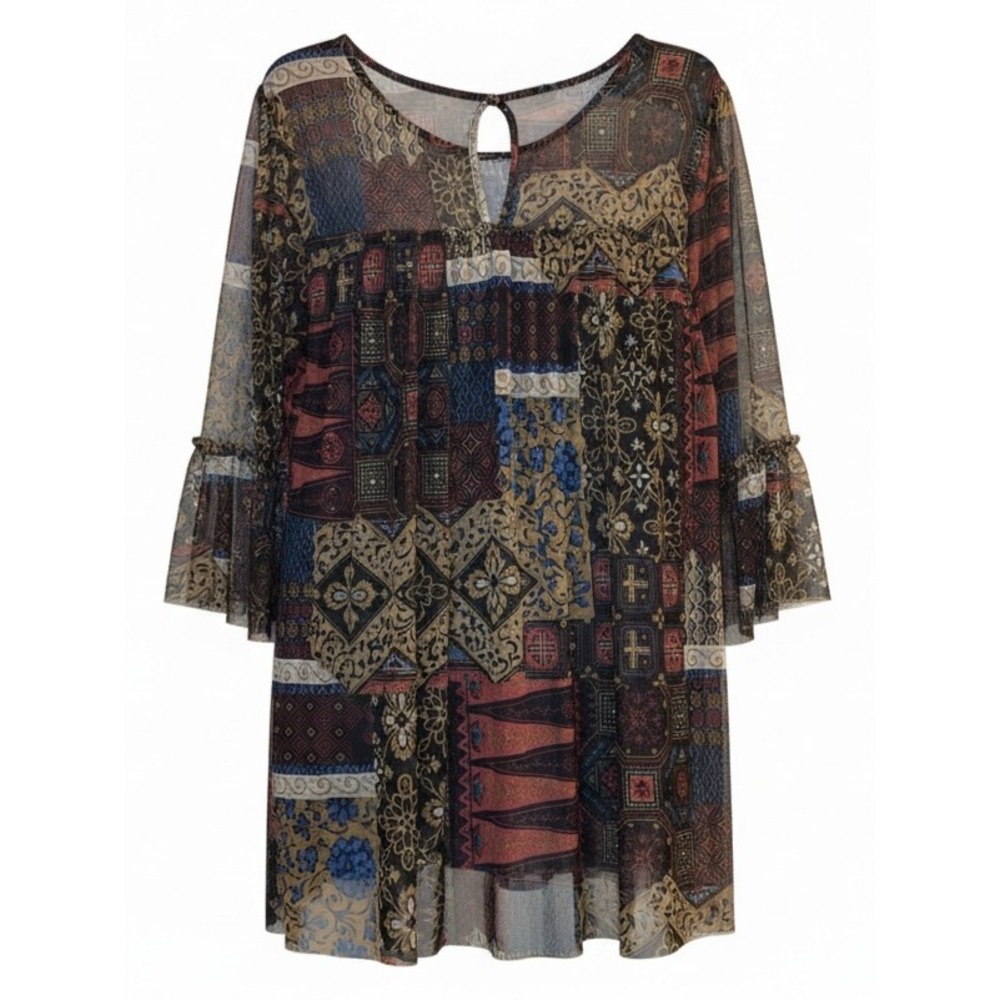 Zoey & Leelo Boho Patchwork Tunic Top Women 3XL Sheer Bell Sleeves Flowy Keyhole